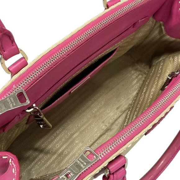 Auth PRADA Canapa City B1801K Beige Pink Leather Canvas Tote Bag - Picture 10 of 16